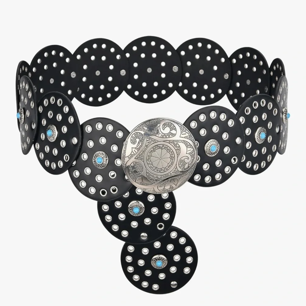 Western Leather Belt Boho Black and Silver Polka Dot Belt fits ways many sizes - Picture 2 of 8